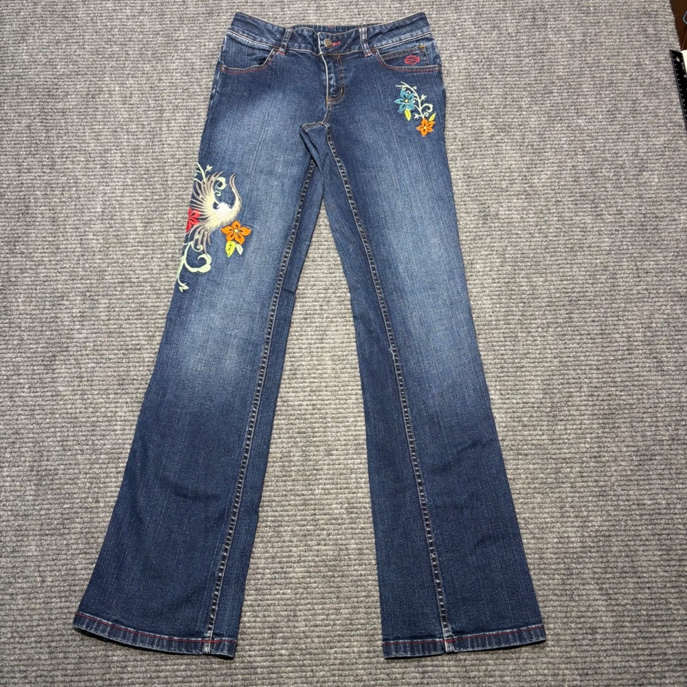 Harley‎ Davidson Womens Size 2 Long Embroidered Flare Jeans Phoenix Floral Denim